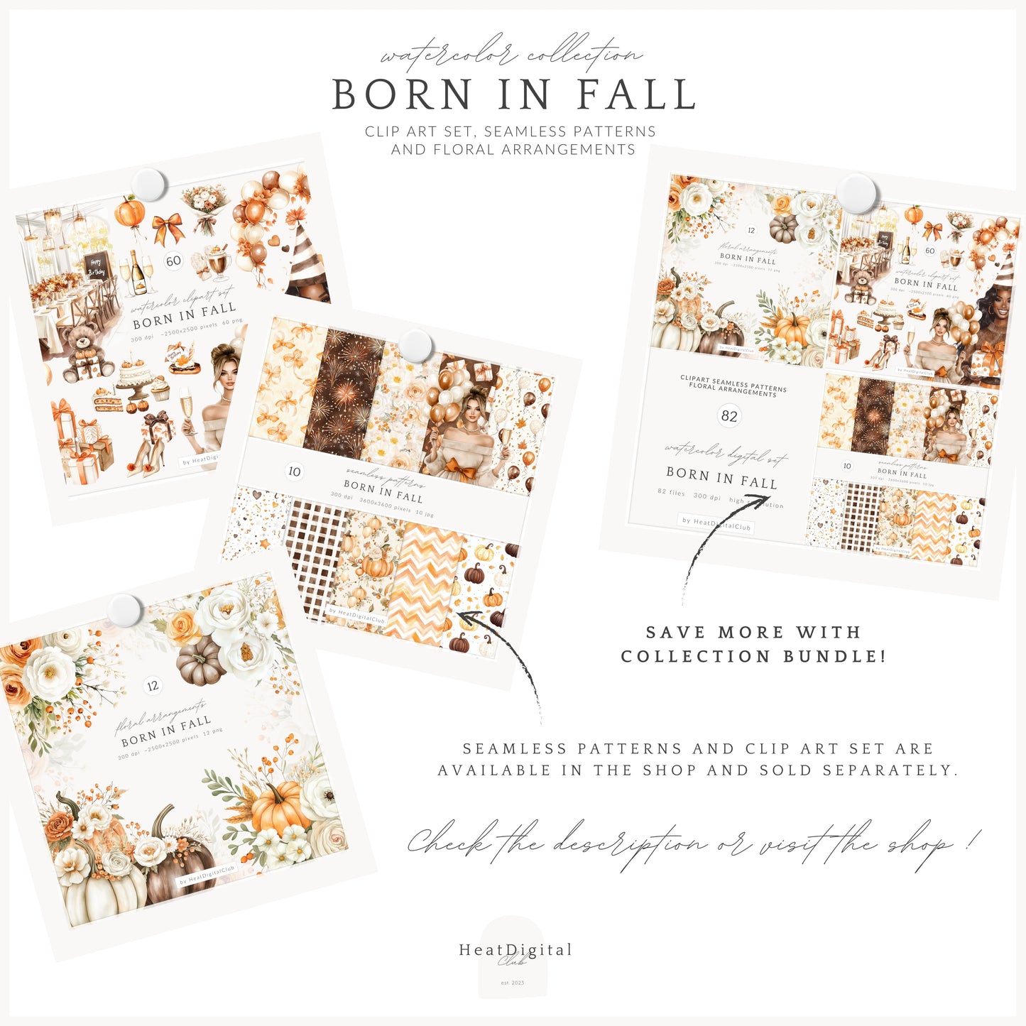 Born In Fall - Floral Arrangements Clipart, Autumn, Pumpkins, Soft Orange & Brown | 12 PNG