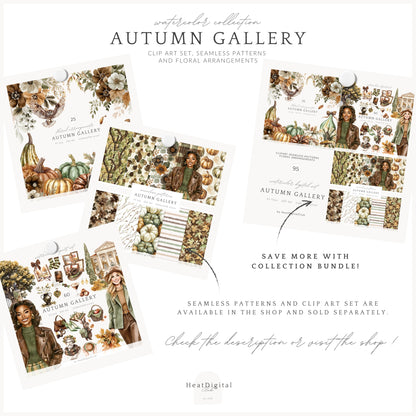 Autumn Gallery - Floral Arrangements Clipart, Fall, Green Beige, Pumpkins | 25 PNG