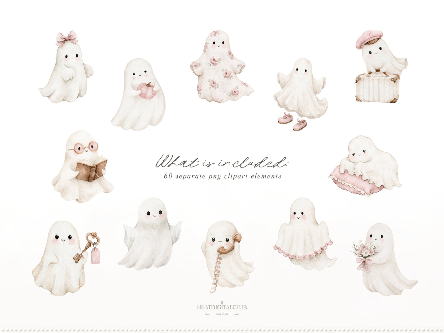 Ghost Room - Watercolor Pink Halloween Clipart and Seamless Patterns Bundle | 68 PNG/JPEG