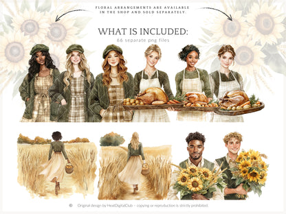Grateful Feast - Thanksgiving Day Clipart, Autumn Harvest Farm, Fall, Cozy Holiday | 66 PNG