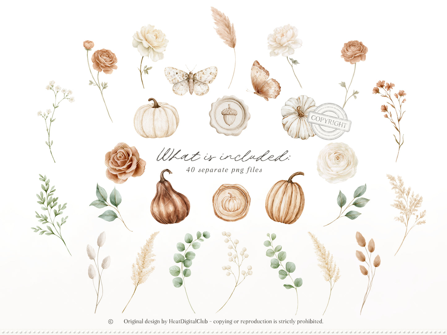 Bohemian Fall -Floral Arrangements Clipart, Autumn Botanical Elements, Cream Rose, Boho Fall Frames | 40 PNG