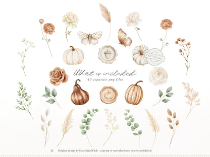 Bohemian Fall -Floral Arrangements Clipart, Autumn Botanical Elements, Cream Rose, Boho Fall Frames | 40 PNG