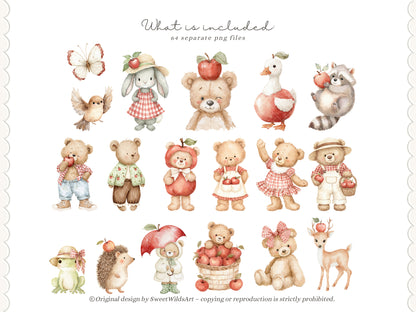 Apple Classics - Nursery Clipart, Cute Animals Clipart, Apple Orchard Kids, Fall Baby | 60 PNG