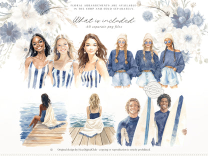 Cold Shore - Clipart, Navy Coastal Girls, Summer Beach, Nautical Graphics, Blue Sea Fashion | 60 PNG