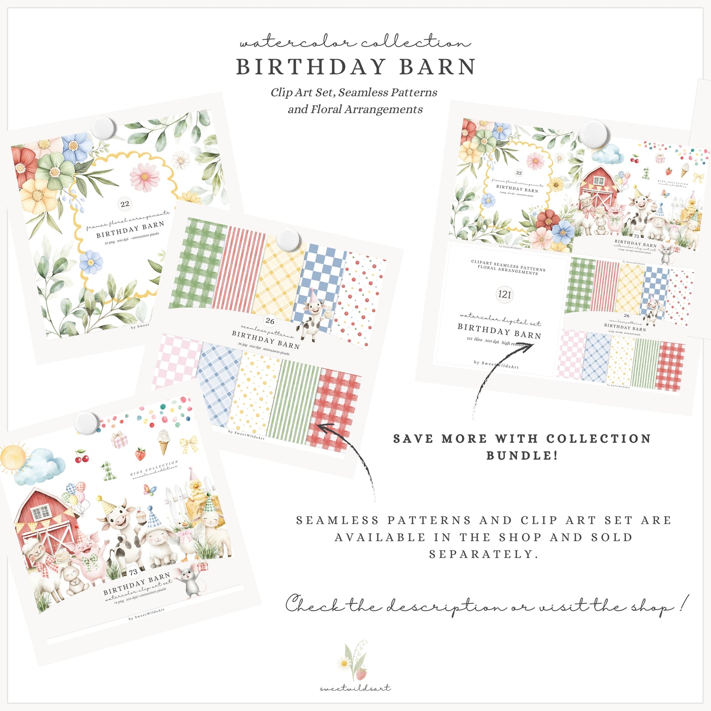 Birthday Barn - Floral Arrangements, Watercolor Flowers, Baby Shower Greenery | 22 PNG