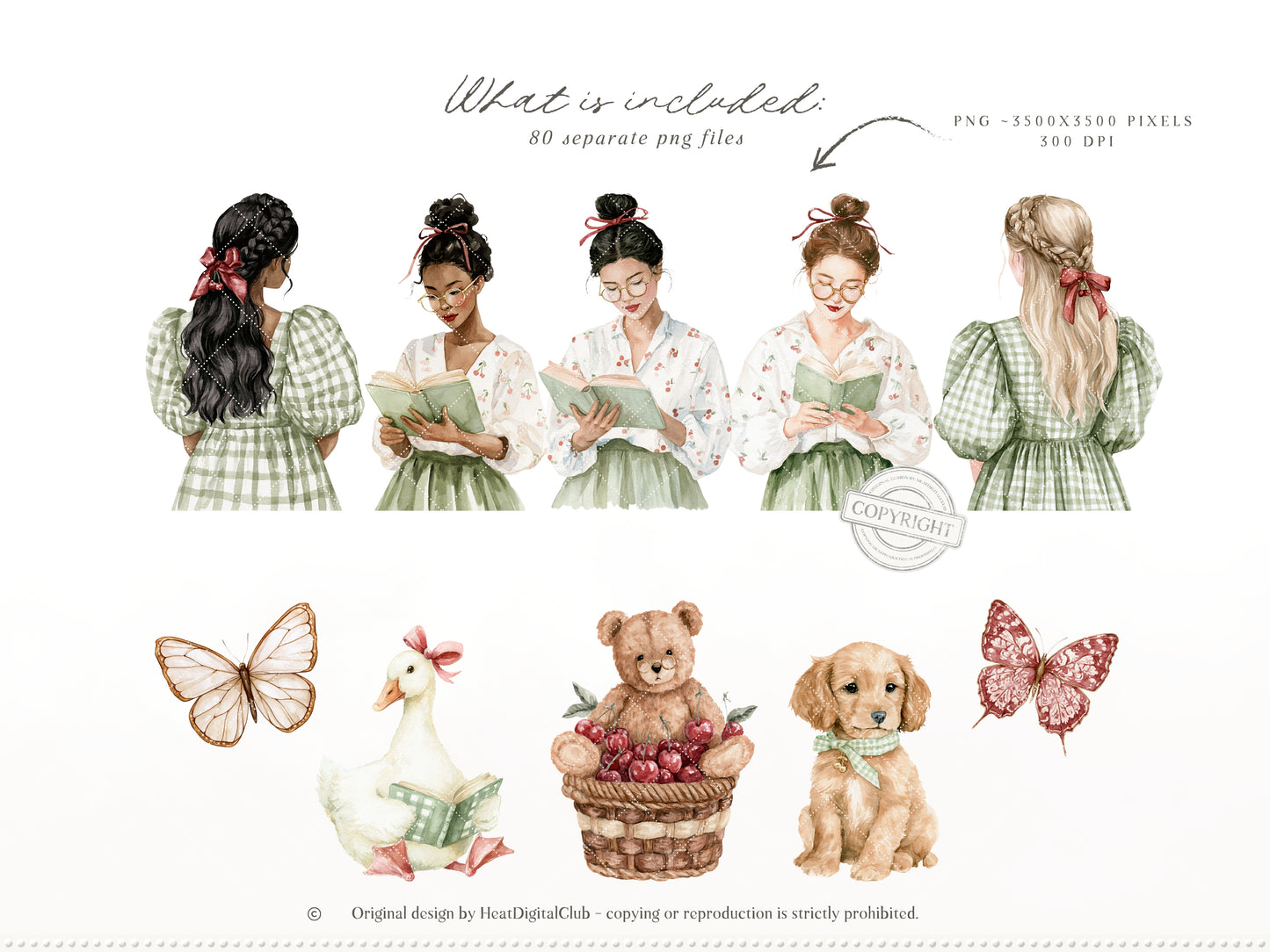 Cherry Book Club - Clipart, Bookish , Reading Girl, Matcha Latte, Cherries, Vintage Books, Seamless Patterns | 90 PNG/JPEG