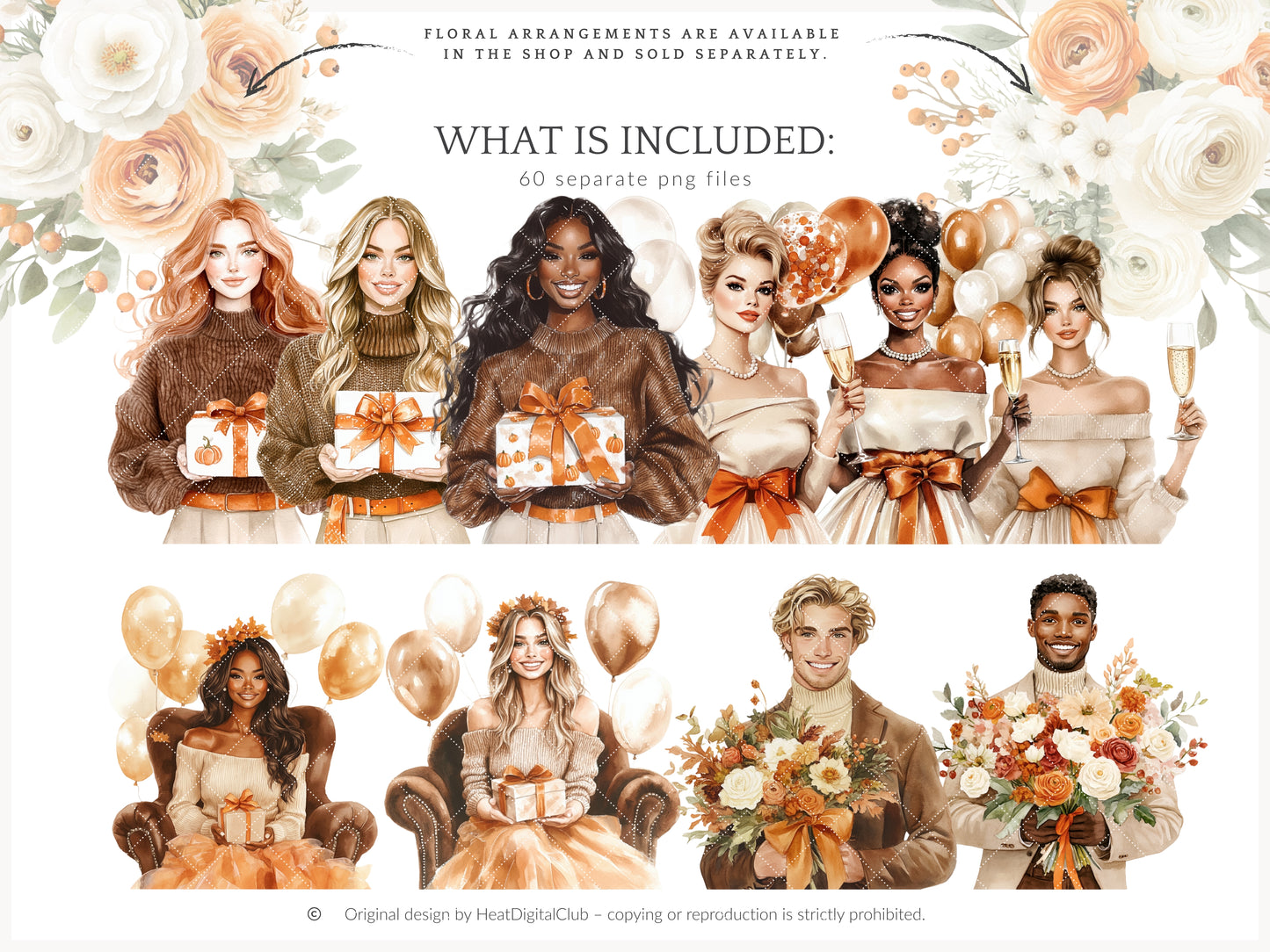 Born In Fall - Birthday Girl Clipart, Autumn Balloons, Cakes and Gifts, Party | 60 PNG
