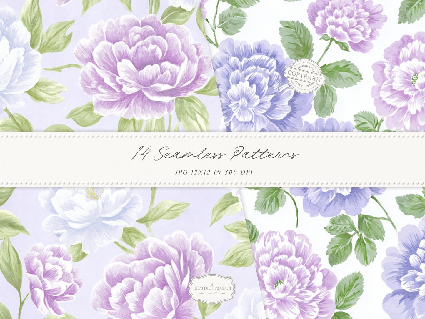 Grandmillennial Set 7 - Seamless Patterns, Lavender Floral, Purple Stripe, Plaid, Elegant Botanical Patterns | 14 JPEG