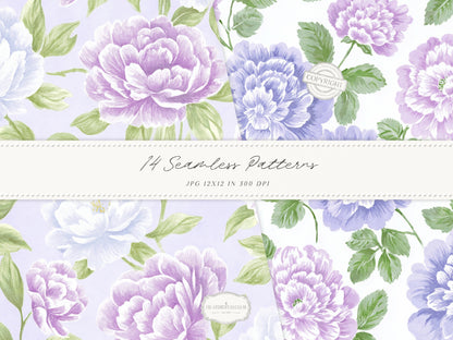 Grandmillennial Set 7 - Seamless Patterns, Lavender Floral, Purple Stripe, Plaid, Elegant Botanical Patterns | 14 JPEG