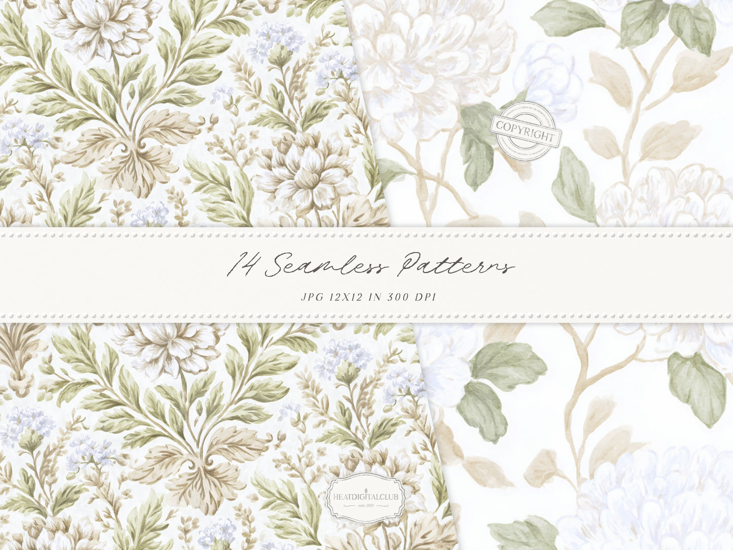 Grandmillennial Set 8 - Seamless Patterns, Beige Neutral Floral, Estate Botanical, Stripes, Damask Patterns | 14 JPEG