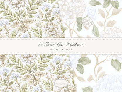 Grandmillennial Set 8 - Seamless Patterns, Beige Neutral Floral, Estate Botanical, Stripes, Damask Patterns | 14 JPEG