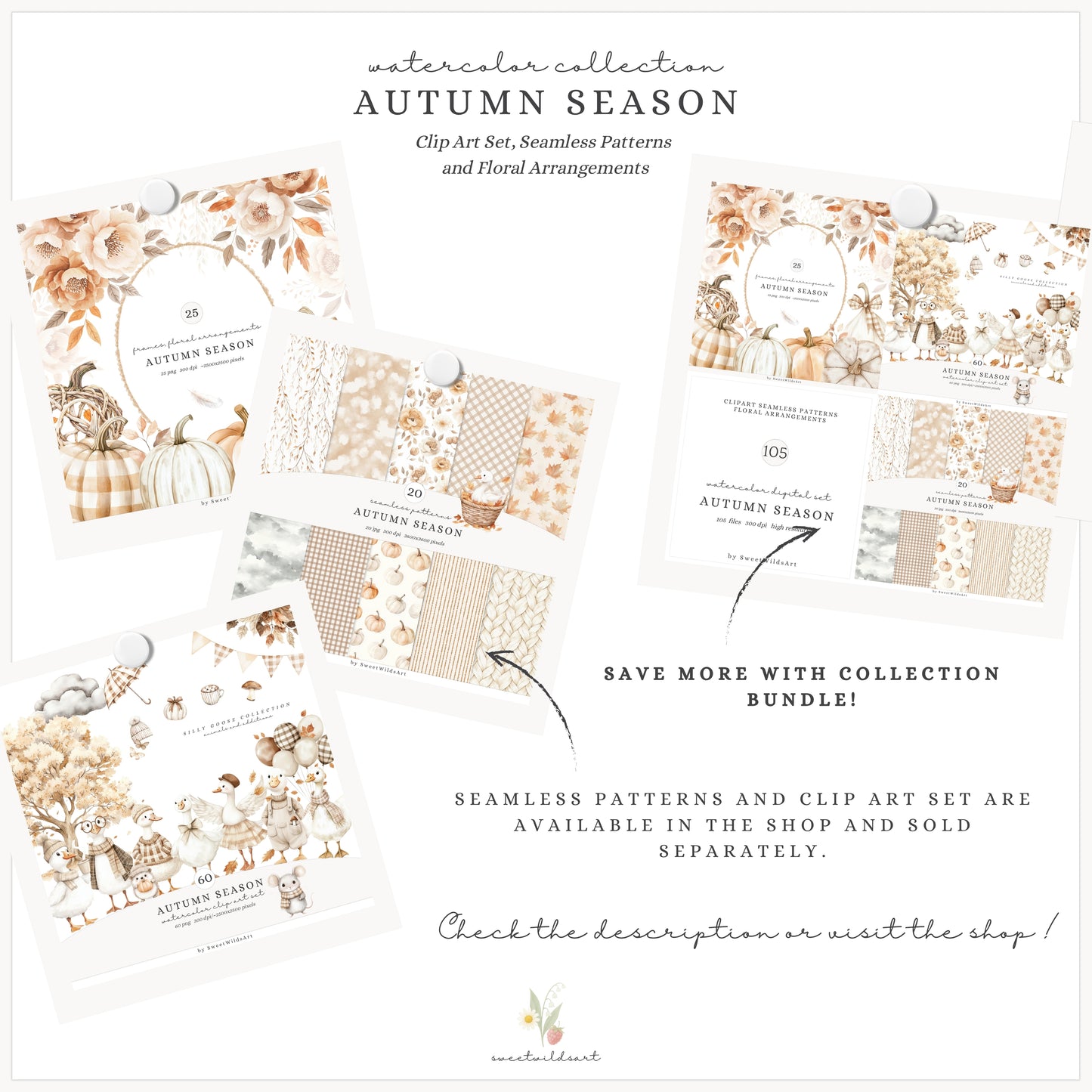 Autumn Season - Floral Arrangements, Fall Bouquets, Beige, Rustic Pumpkins | 25 PNG