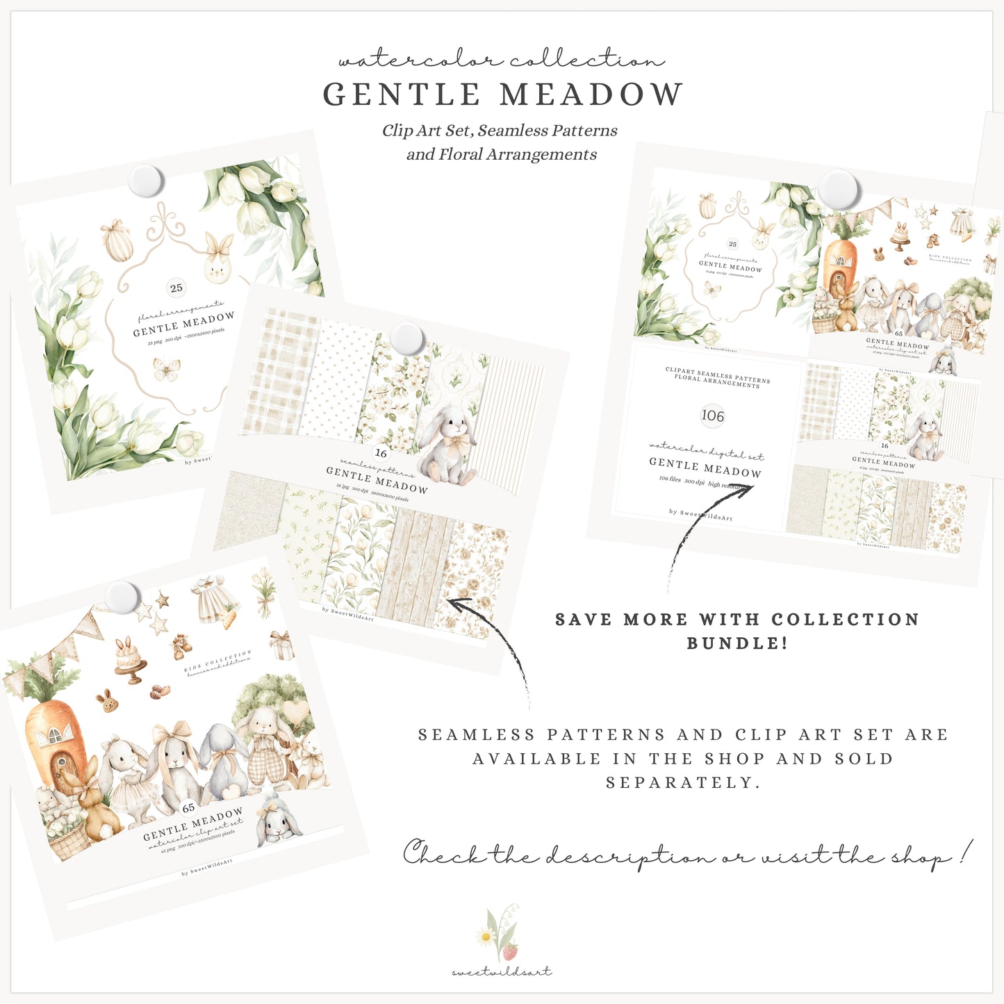 Gentle Meadow - Floral Arrangements Clipart, Spring Tulips Floral, Neutral Cottage Flowers, Easter Bouquet | 25 PNG