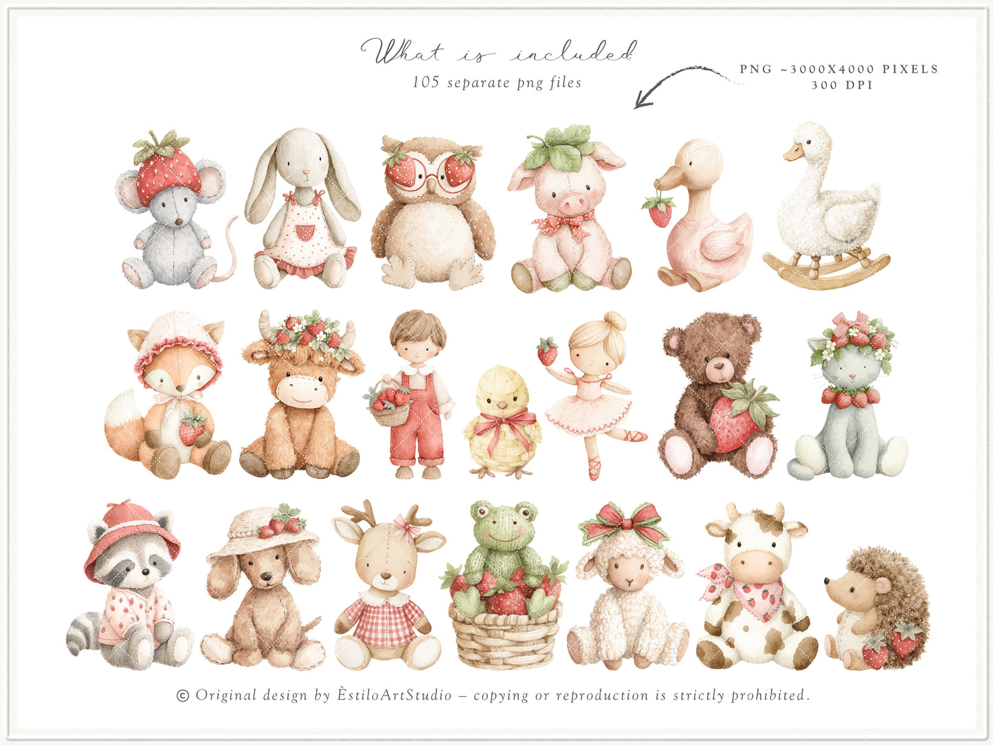 Strawberry Atelier - Bundle Clipart, Cottagecore Nursery, Baby Girl Birthday, Heirloom Toys, Spring | 119 PNG/JPEG