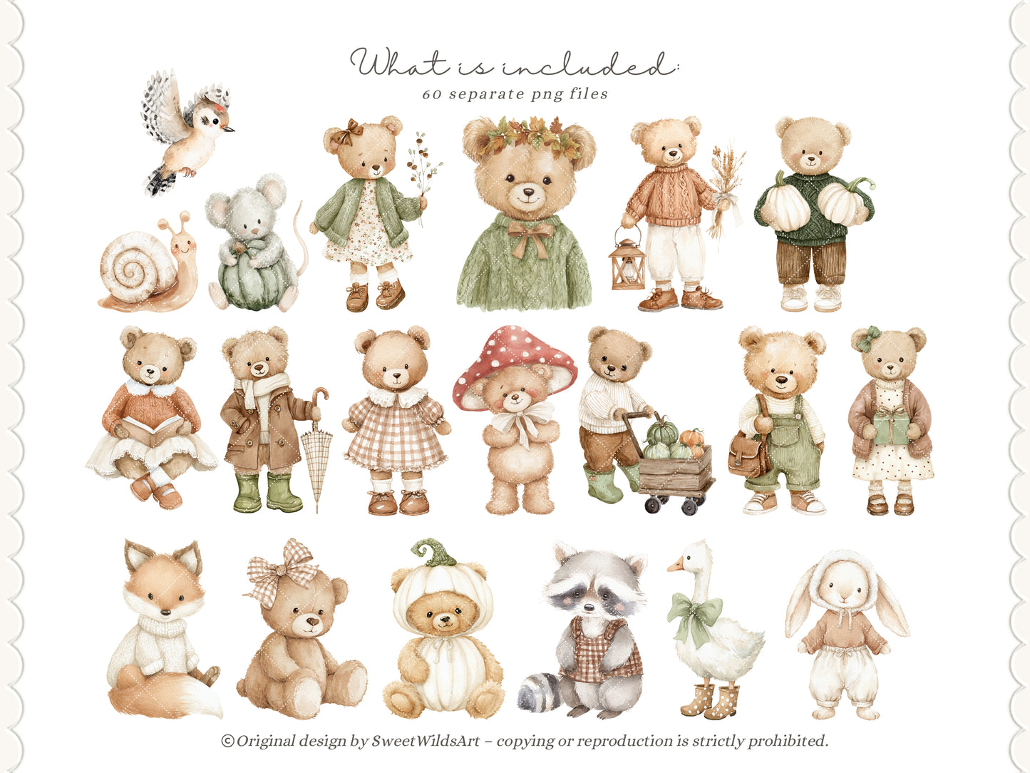 Fall Classics - Teddy Bears Clipart, Autumn Kids Animals, Goose, Fox, Pumpkins, Cozy Nursery | 60 PNG