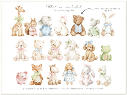 Grand Atelier - Baby Nursery Clipart, Vintage Toys, Teddy Bear, Bunny, Pastel Baby Shower, Grandmillennial | 78 PNG