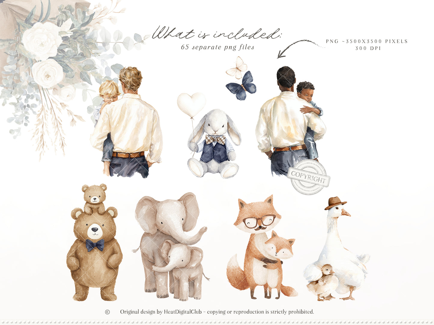 Fathers Day - Dad and Baby Animals Clipart, Vintage Dad, Masculine Clipart | 75 PNG/JPEG
