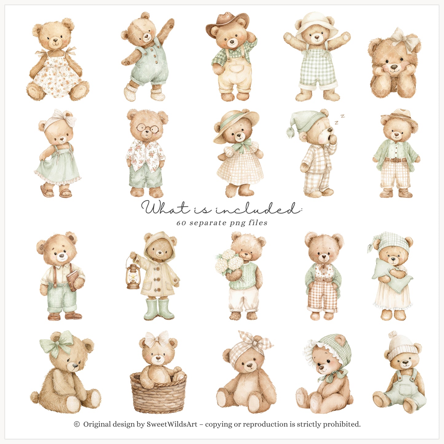 Cottage Classics - Teddy Bears Clipart, Kids Nursery, Vintage Toys, Grandmillennial | 60 PNG