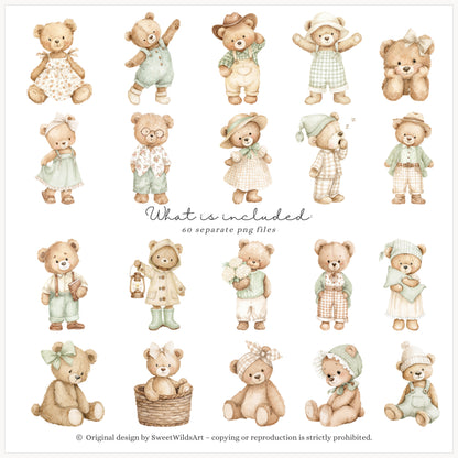 Cottage Classics - Teddy Bears Clipart, Kids Nursery, Vintage Toys, Grandmillennial | 60 PNG
