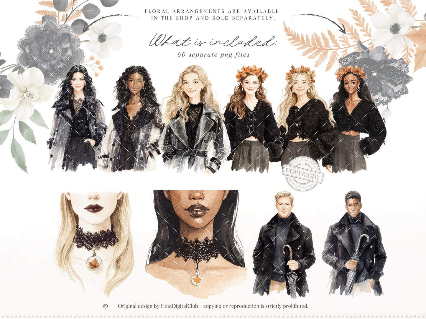 Fall After Dark - Clipart, Dark Coquette Autumn, Black Lace, Moody Rainy Autumn, Feminine Gothic | 40 PNG