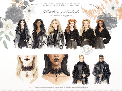 Fall After Dark - Clipart, Dark Coquette Autumn, Black Lace, Moody Rainy Autumn, Feminine Gothic | 40 PNG