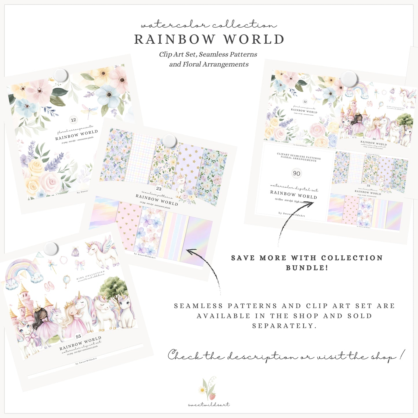 Rainbow World - Floral Arrangements, Pastel Watercolor Flowers  | 12 PNG