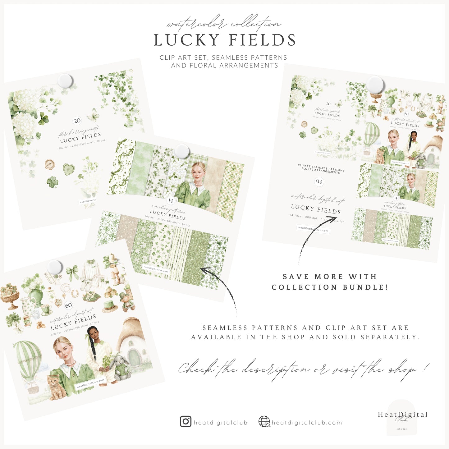 Lucky Fields - Floral Arrangements Clipart, St Patrick's Day Shamrock, Clover Hydrangea | 20 PNG