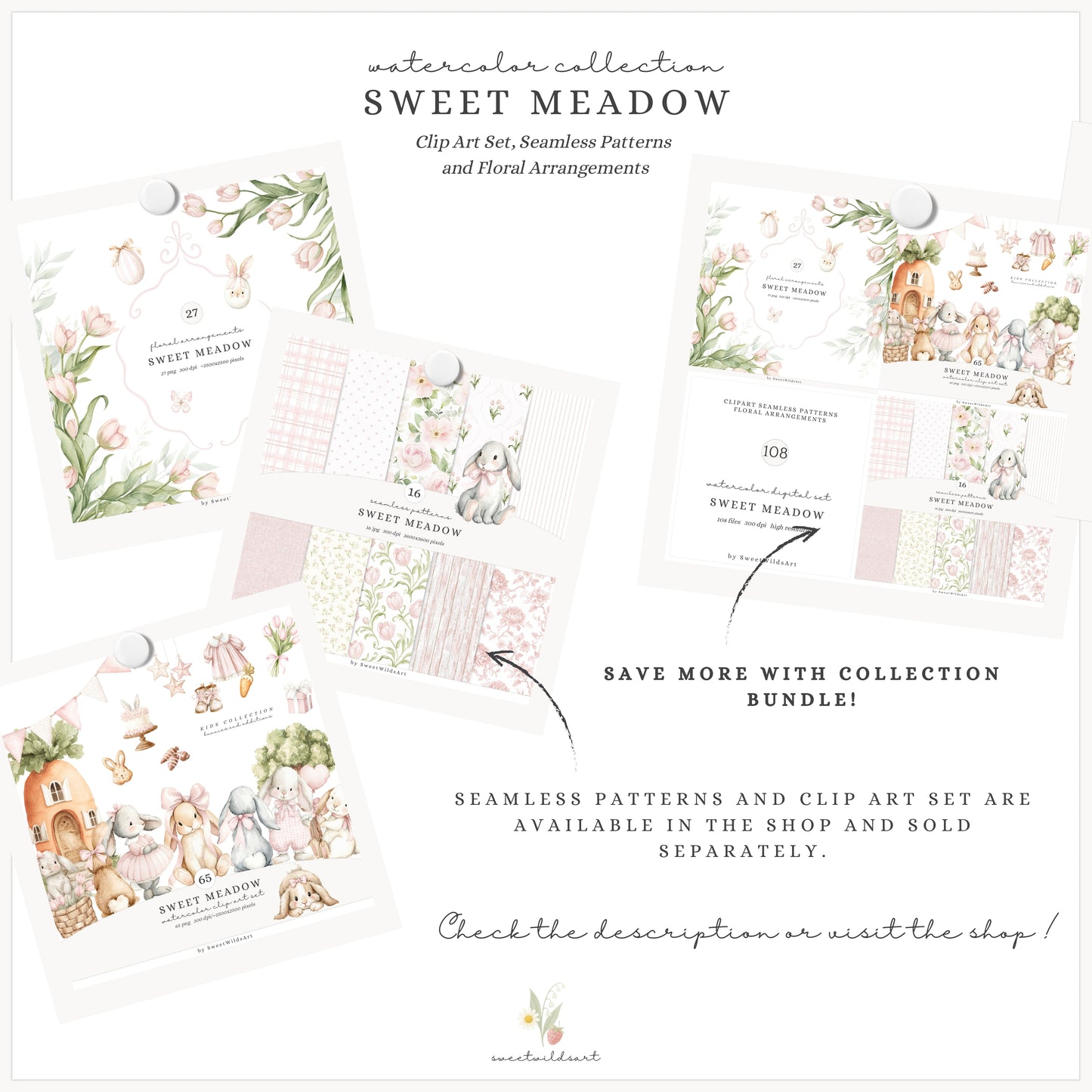 Sweet Meadow - Floral Arrangements Clipart, Spring Tulips, Pink Cottage, Easter Bouquet, Nursery