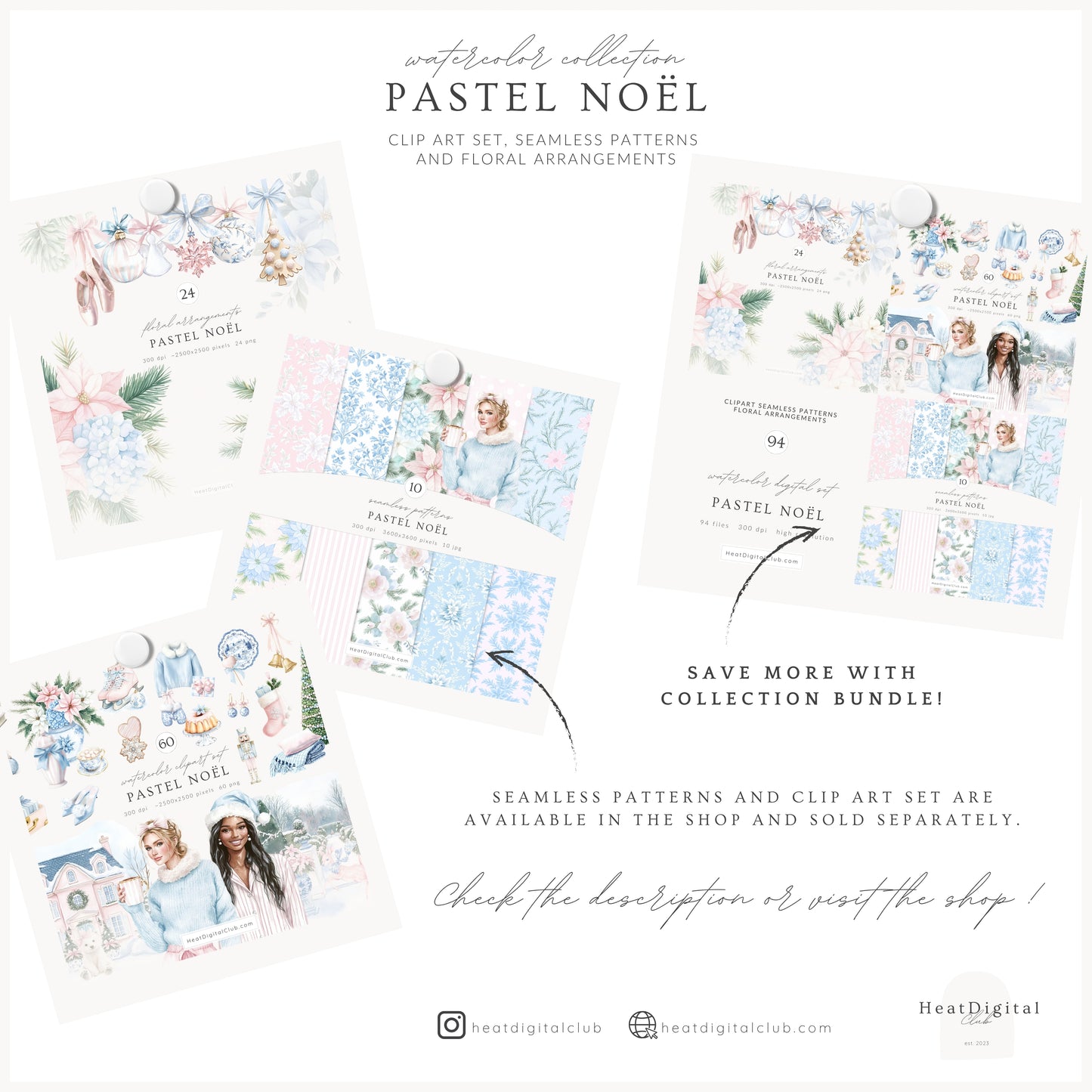 Pastel Noël - Floral Arrangements, Christmas, Soft Holiday Bouquets, Pink & Blue Greenery | 24 PNG