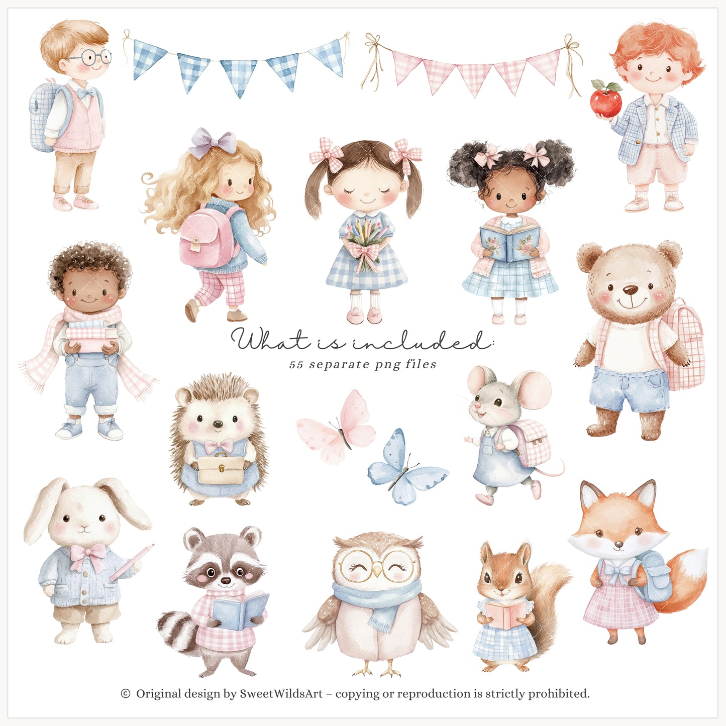 School Sweethearts - Back to School, Grandmillennial, Cute Kids and Animals | 55 PNG