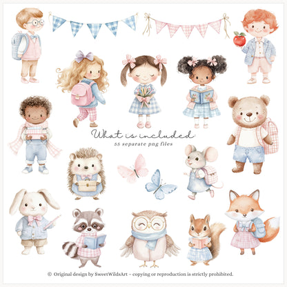 School Sweethearts - Back to School, Grandmillennial, Cute Kids and Animals | 55 PNG