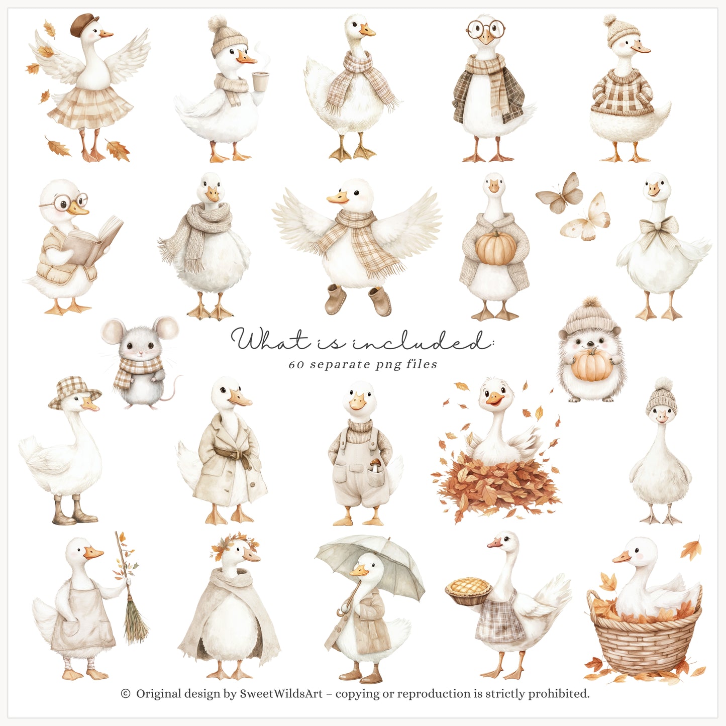 Autumn Season - Cute Fall Silly Goose, Cozy, Kids Clipart, Baby Shower | 60 PNG