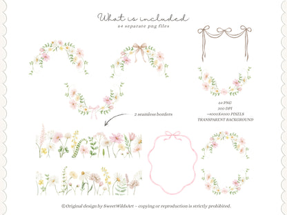 Sweet Wilds - Wildflowers Clipart, Meadow Flowers, Coquette Floral, Pink Ivory Flowers, Baby Shower | 70 PNG/JPEG