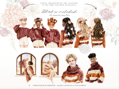 Knitted Fall - Clipart, Cozy Autumn Clipart, Pumpkin Aesthetic, Fall Cottagecore | 60 PNG