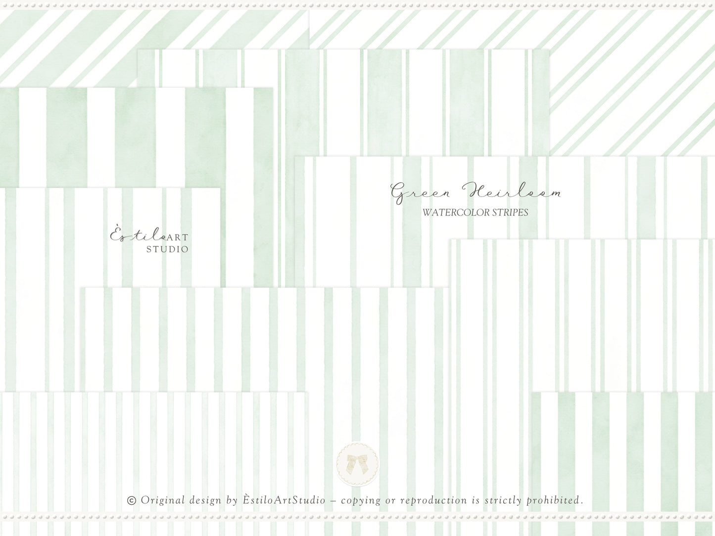 Green Heirloom - Seamless Patterns, Classic Stripe Gingham Damask Bows, Elegant Digital Paper | 20 JPEG