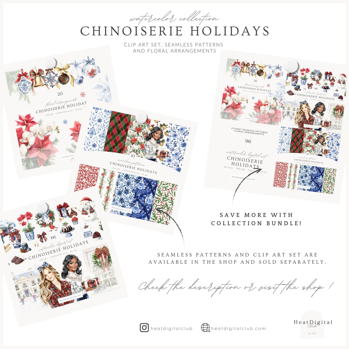 Chinoiserie Holidays - Floral Arrangements Clipart, Poinsettia, Holiday Bouquets | 20 PNG