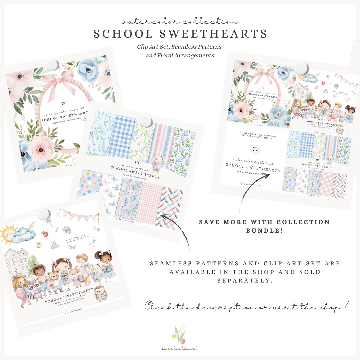 School Sweethearts - Back to School Floral Arrangements, Flowers, Grandmillennial | 12 PNG
