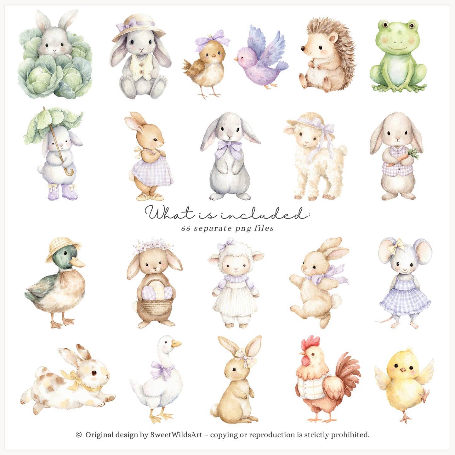 Sweet Easter - Cute Baby Animals Clipart, Bunny, Goose,Pastel Spring Nursery, Cottagecore | 66 PNG