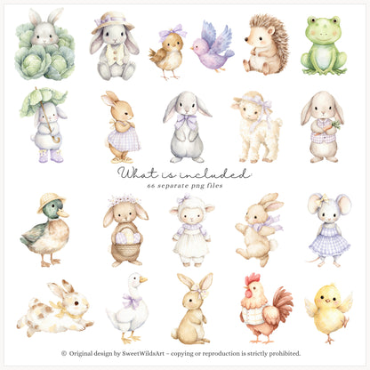 Sweet Easter - Cute Baby Animals Clipart, Bunny, Goose,Pastel Spring Nursery, Cottagecore | 66 PNG
