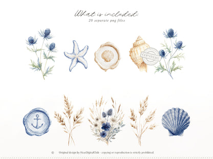 Cold Shore - Coastal Floral Arrangements, Navy Sea Flower, Beach Grass Bouquet, Ocean Botanical | 20 PNG