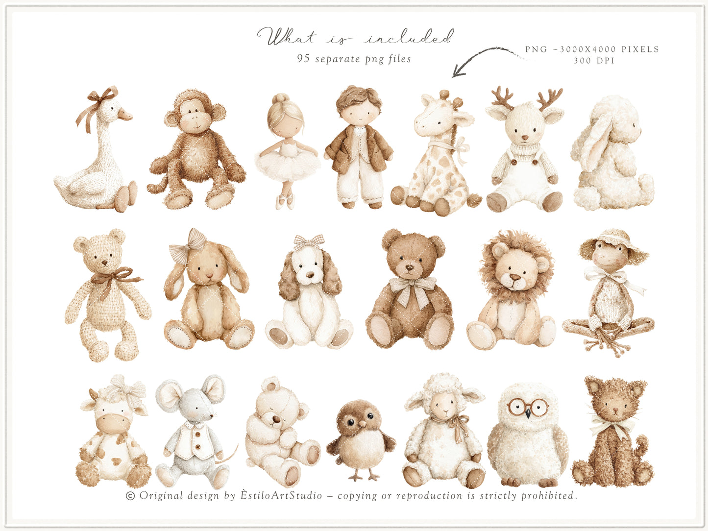 Petite Atelier - Clipart, Heirloom Baby Toys, Vintage Nursery, Neutral Baby Shower, Plush Toys | 105 PNG/JPEG