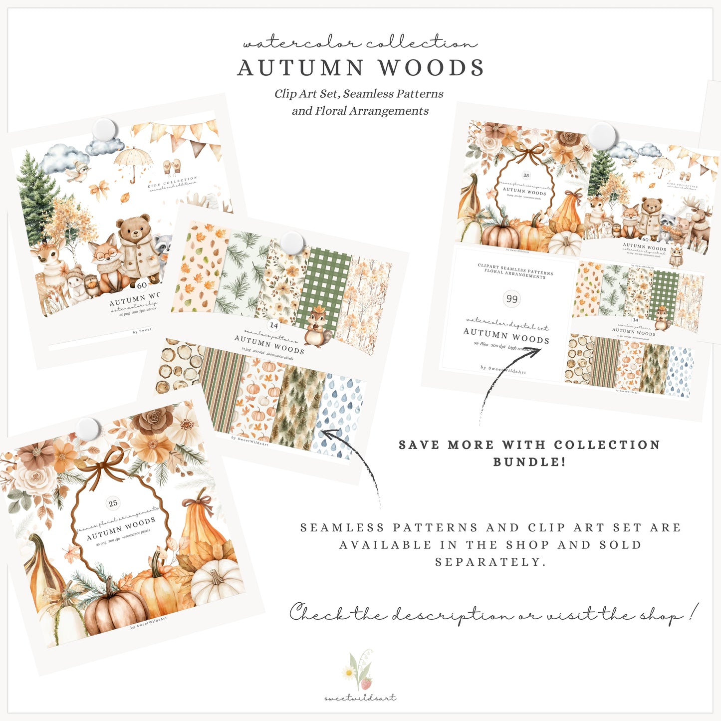 Autumn Woods - Floral Arrangements, Fall Bouquets Clipart, Pumpkins | 25 PNG