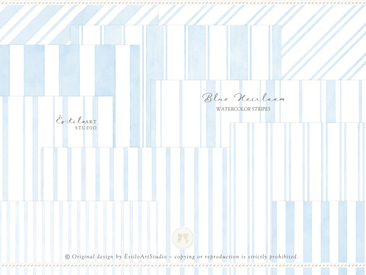 Blue Heirloom - Seamless Patterns, Classic Stripe Gingham Damask Bows, Elegant Digital Paper | 20 JPEG