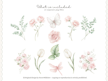 Sweet Coquettes - Floral Arrangements Clipart, Pink Roses Bouquet, Coquette Flowers, Baby Shower Florals | 24 PNG