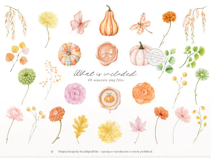 Joyful Fall - Floral Arrangements Clipart, Pink Orange Autumn Flowers, Watercolor Botanical, Fall Bouquets | 40 PNG