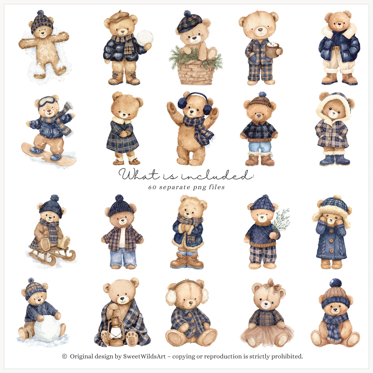 Winter Classics - Teddy Bears Clipart, Tartan Holiday, Cute, Festive Nursery Animals | 60 PNG