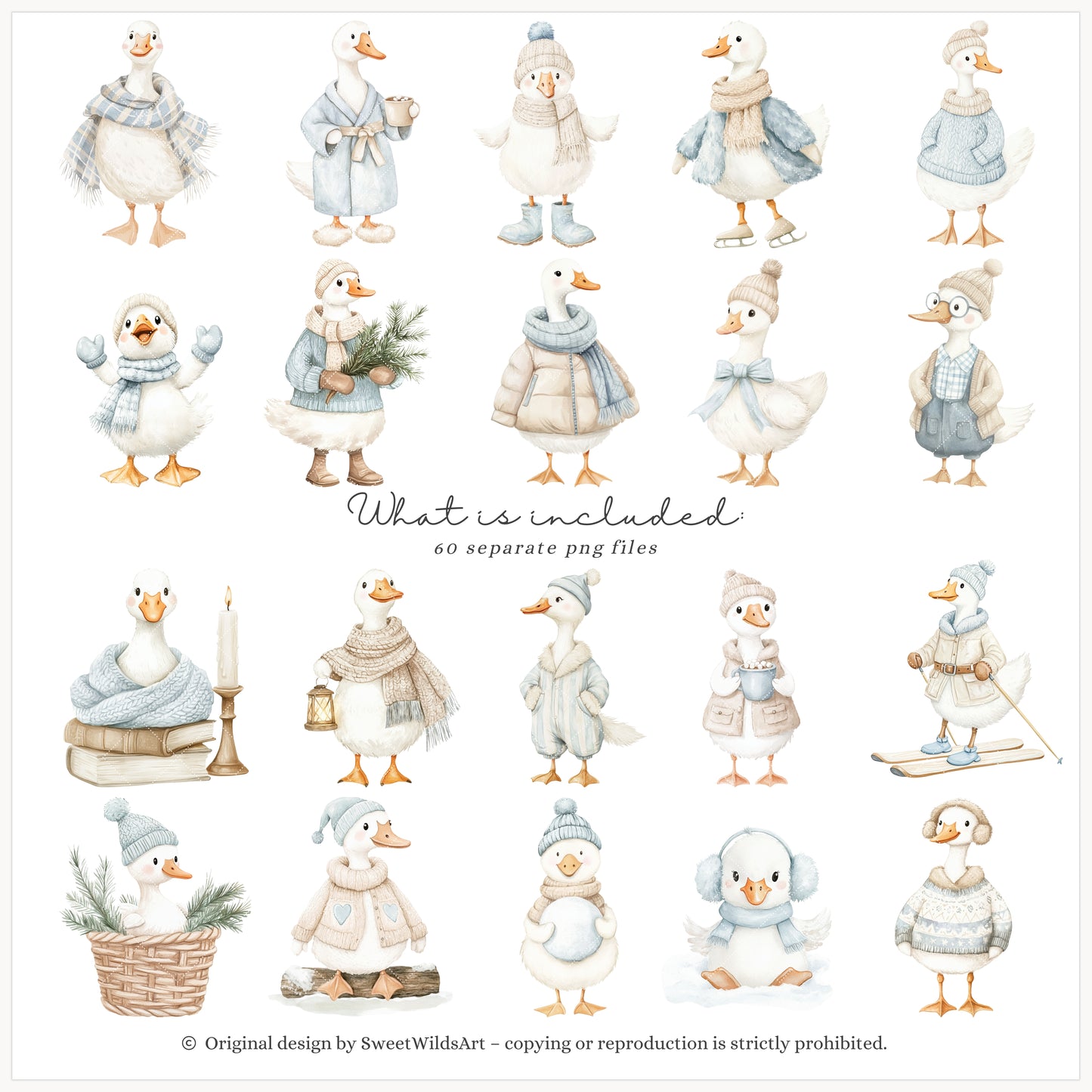 Winter Geese - Clipart, Cute Silly Goose, Cozy Animals, Baby Goose, Baby Shower | 60 PNG