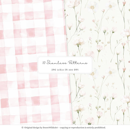Sweet Fairyland - Seamless Patterns, Pastel Fairy Garden, Pink Floral | 10 JPEG