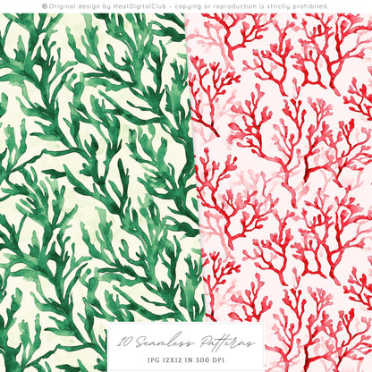 Modern Ariel - Coral, Ocean Seamless Patterns | 10 JPEG