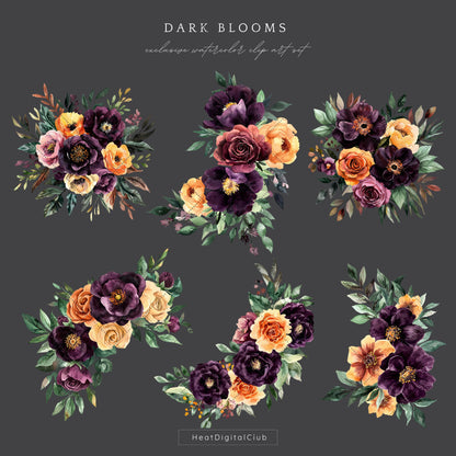 Dark Blooms - Floral Arrangements Clipart, Elegant Flowers, Gothic | 12 PNG